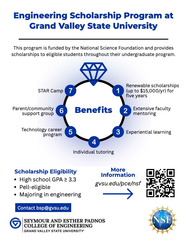 This program is funded by the National Science Foundation and provides scholarships to eligible students throughout their undergraduate program. STAR Camp Parent/community support group Benefits Renewable scholarships (up to $15,000/yr) for five years Extensive faculty mentoring Technology career program Experiential learning Individual tutoring Scholarship Eligibility High school GPA &#8805; 3.3 Pell-eligible Majoring in engineering Apply to GVSU gvsu.edu/s/3lA
